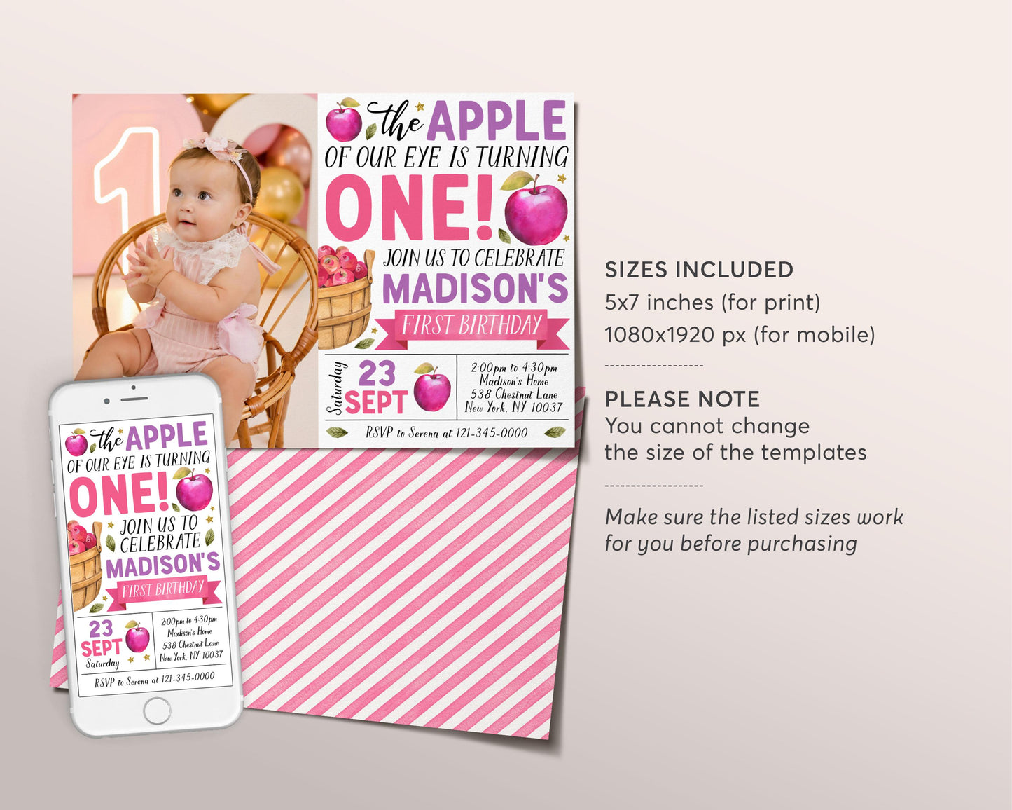 Fall Apple First Birthday Invitation With Photo Editable Template, Kids Girl Apple of Our Eye Party Invite, Bushel of Fun Autumn Theme Evite