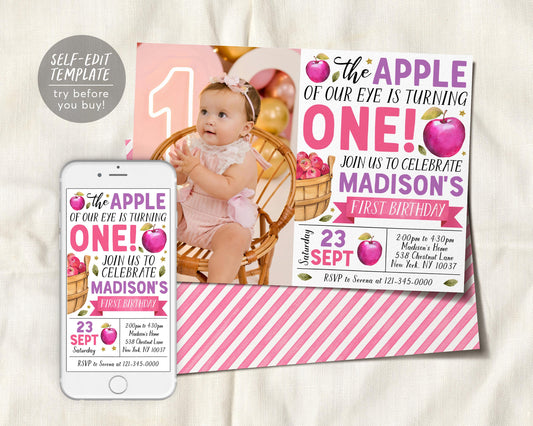 Fall Apple First Birthday Invitation With Photo Editable Template