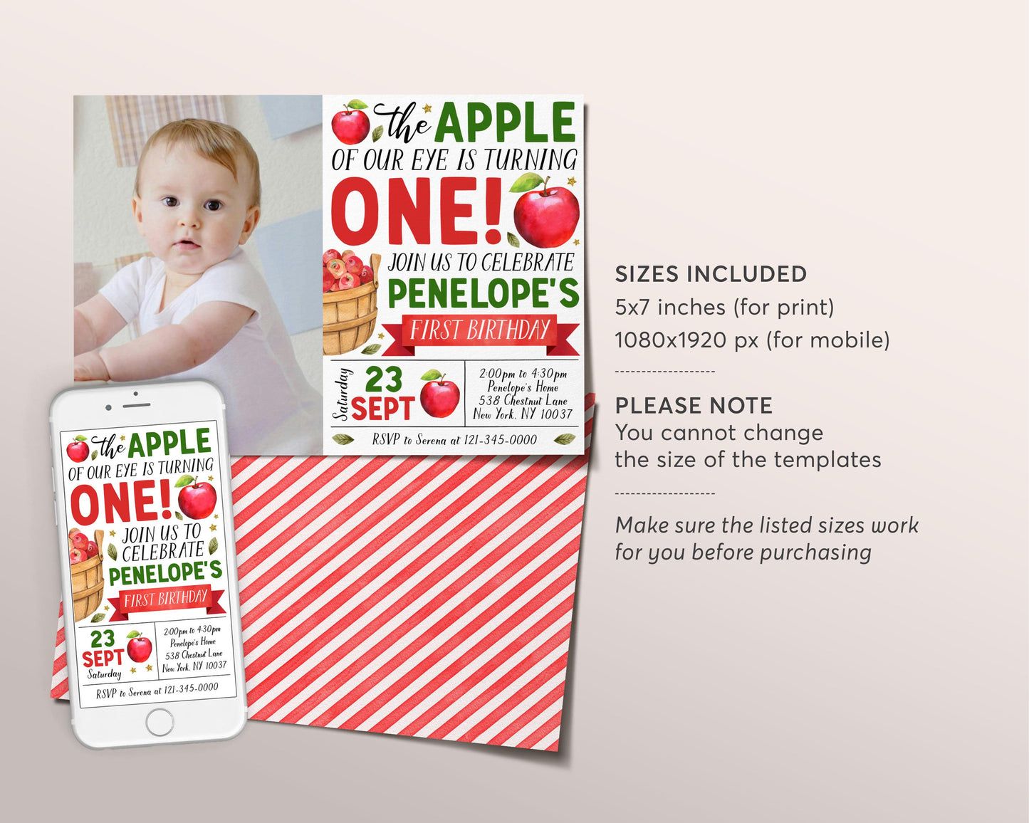 Fall Apple First Birthday Invitation With Photo Editable Template, Kids Apple of Our Eye 1st Party Invite, Bushel of Fun Autumn Theme Evite