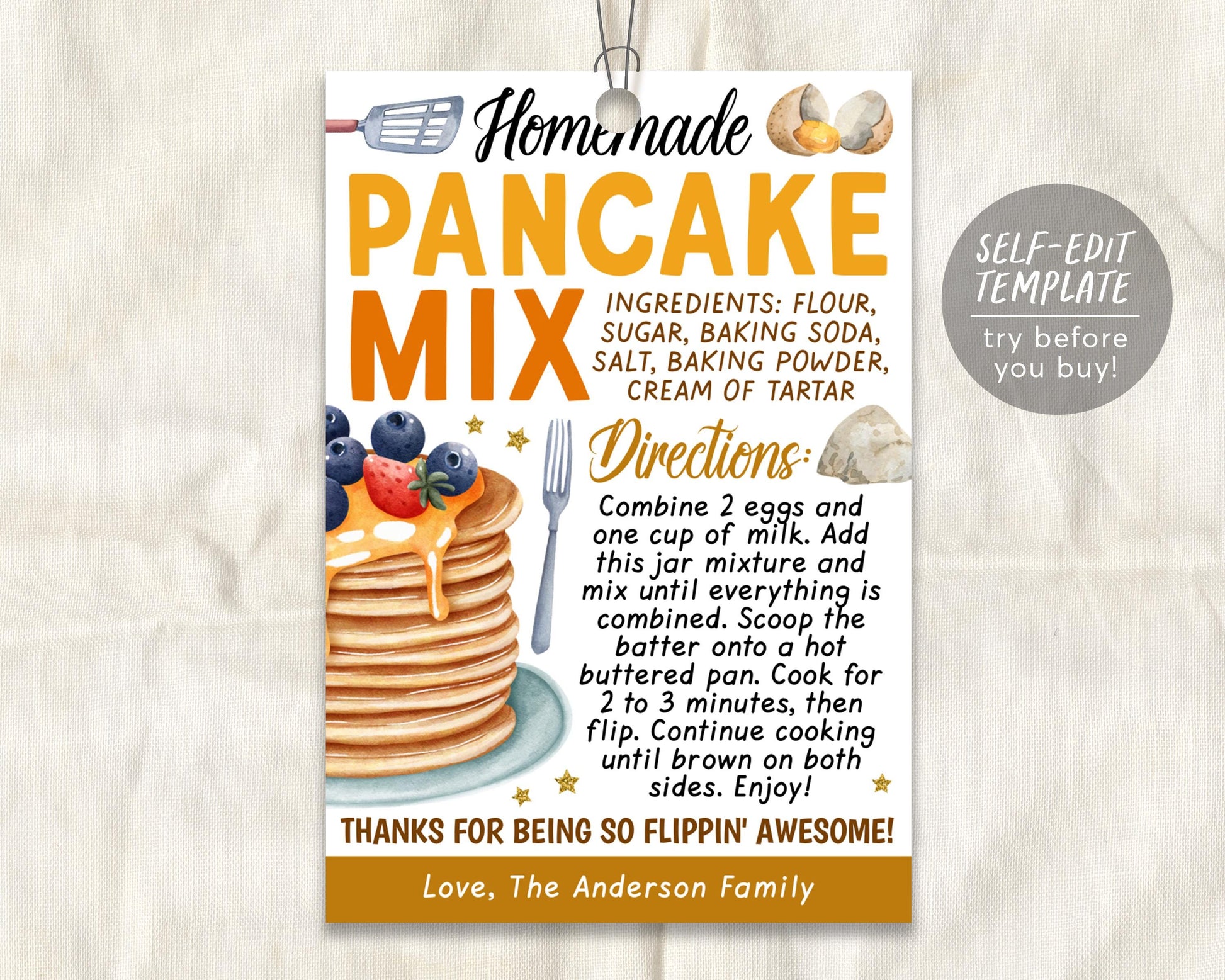 Pancake Mix in a Jar Gift Tag Editable Template