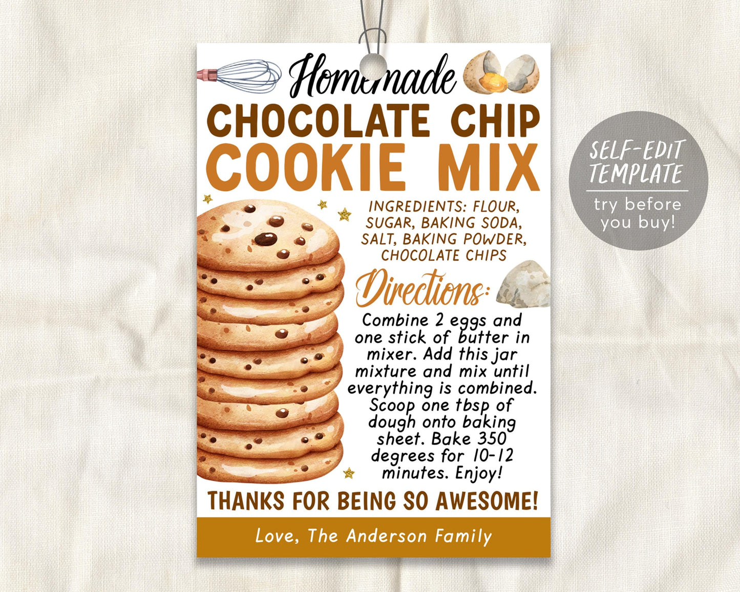 Cookie Mix in a Jar Gift Tag Editable Template