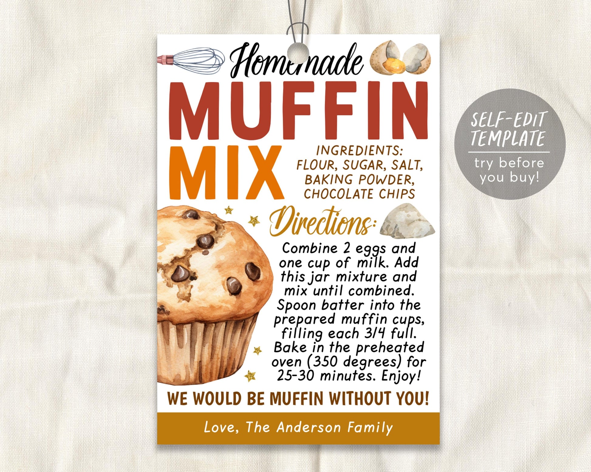 Muffin Mix in a Jar Gift Tag Editable Template