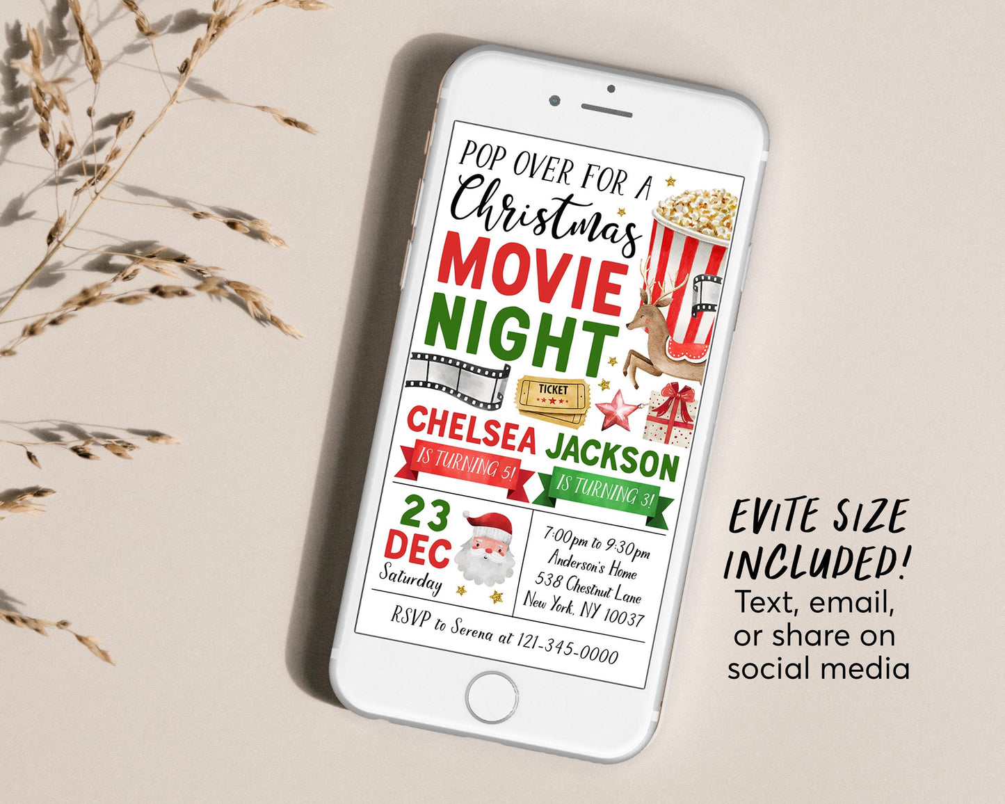 Christmas Movie Night Joint Siblings Birthday Invitation With Photo Editable Template, Backyard Outdoor Movie Night Invite, Holiday Evite