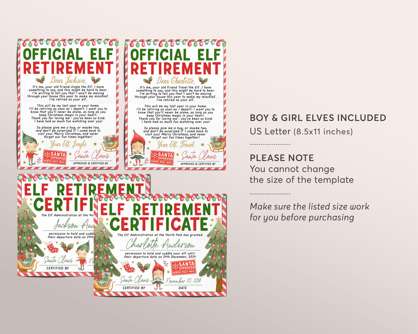 Elf Retirement Letter Bundle Editable Template, BOY OR GIRL Official Elf Retirement Certificate Letter Last Year Elf Farewell Goodbye Letter