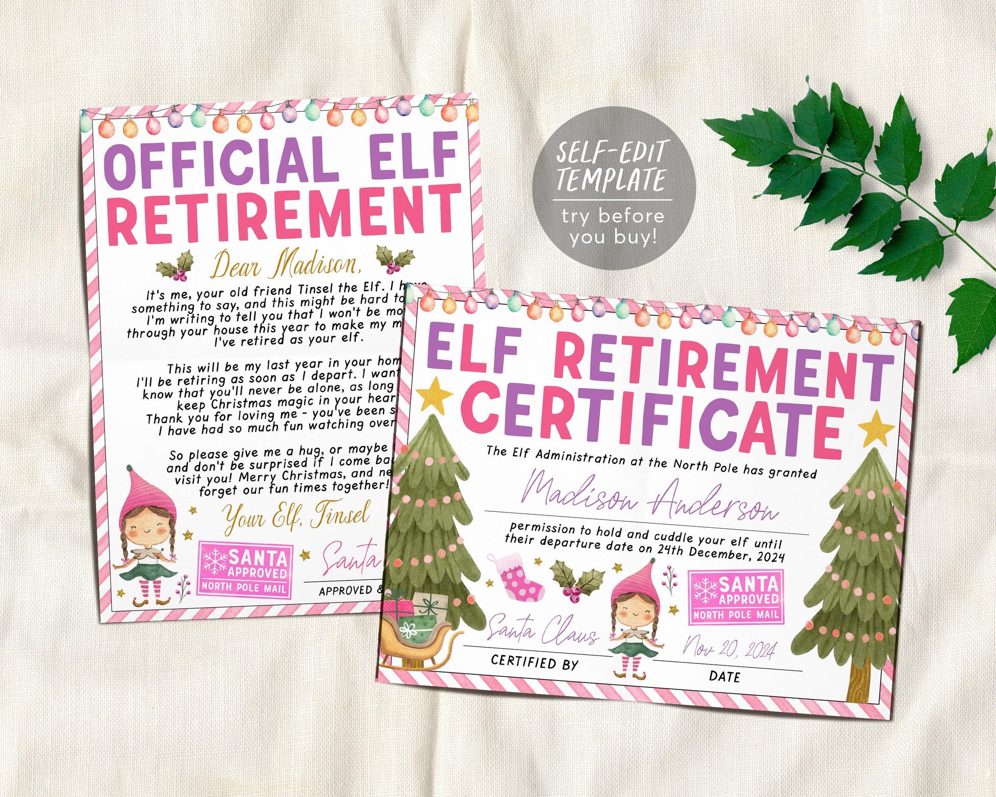 Pink Girl Elf Retirement Letter Bundle Editable Template