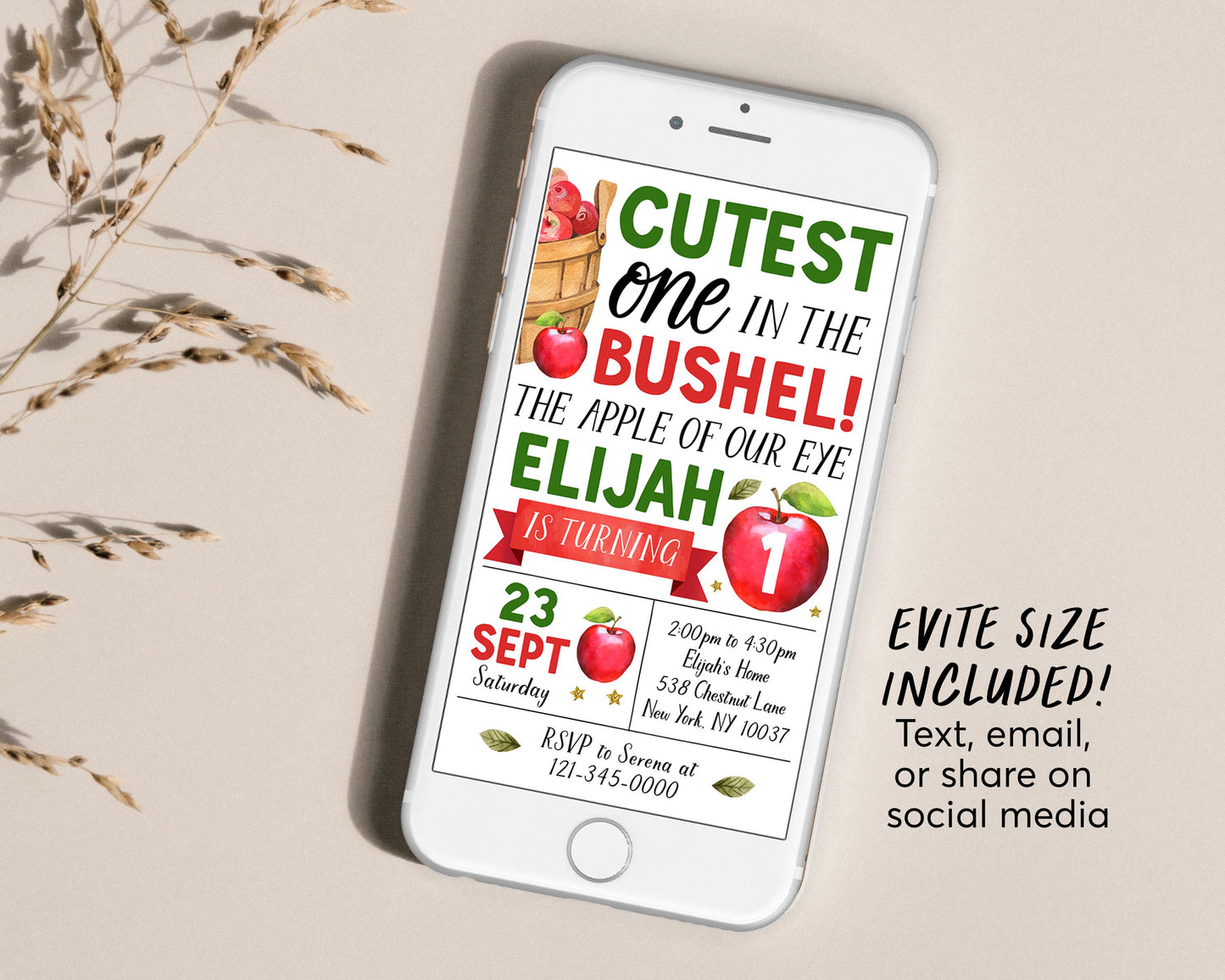 Fall Apple First Birthday Invitation With Photo Editable Template, Kids Unisex Cutest One In The Bushel 1st Party Invite, Autumn Theme Evite