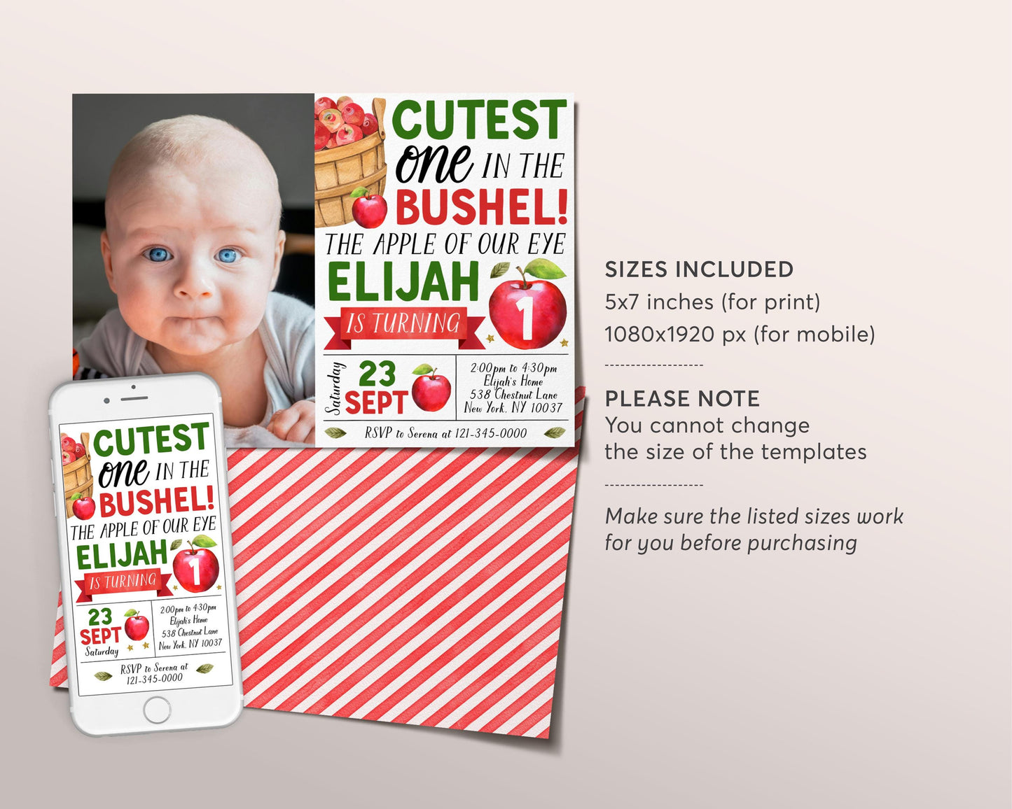 Fall Apple First Birthday Invitation With Photo Editable Template, Kids Unisex Cutest One In The Bushel 1st Party Invite, Autumn Theme Evite