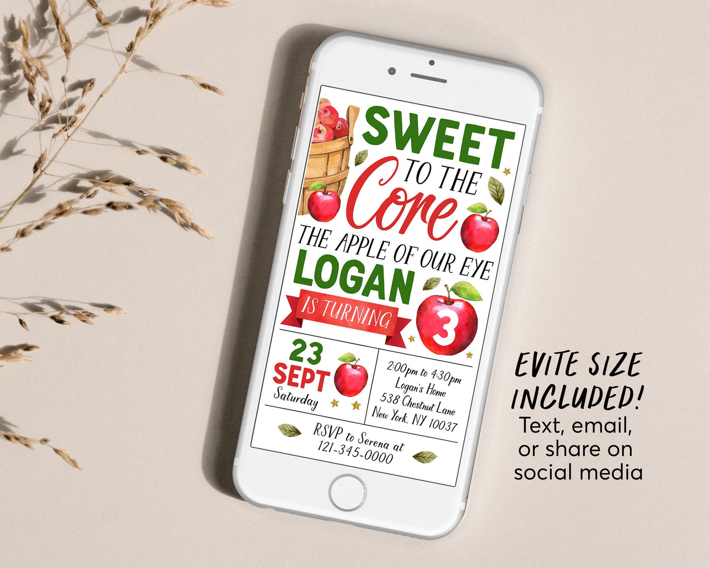 Apple Birthday Invitation With Photo Editable Template, Sweet To The Core Party Invite, Apple of Our Eye Fall Evite, Bushel of Fun Apple