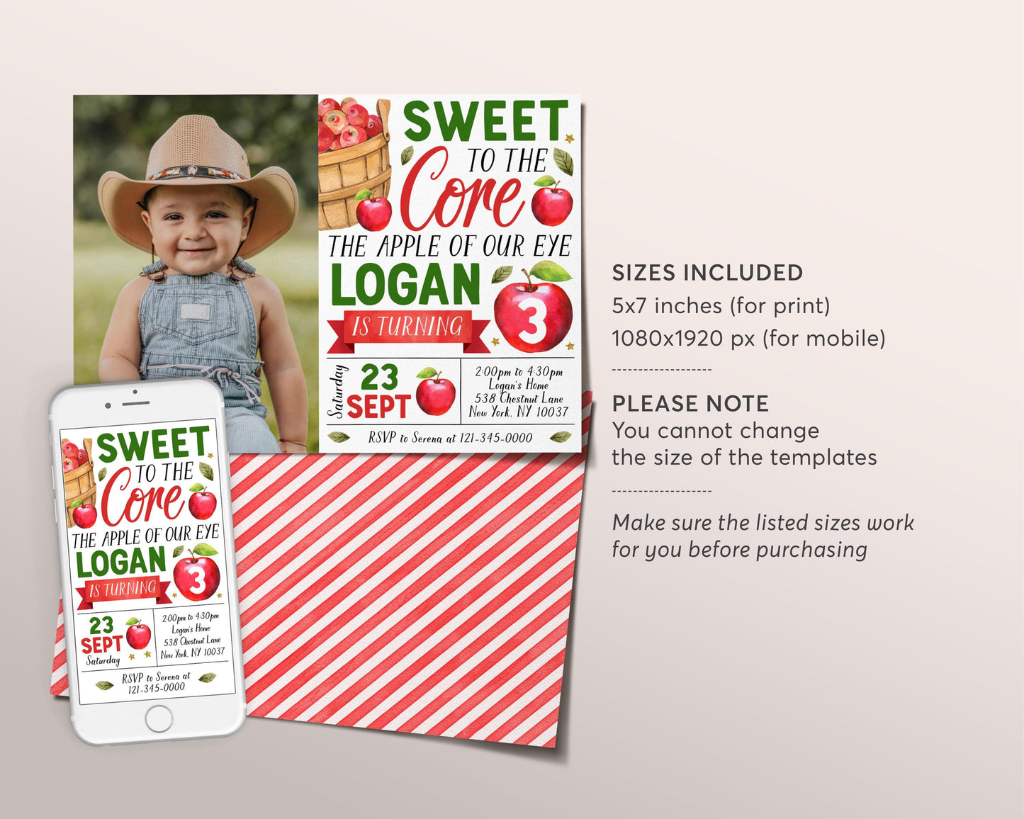 Apple Birthday Invitation With Photo Editable Template, Sweet To The Core Party Invite, Apple of Our Eye Fall Evite, Bushel of Fun Apple