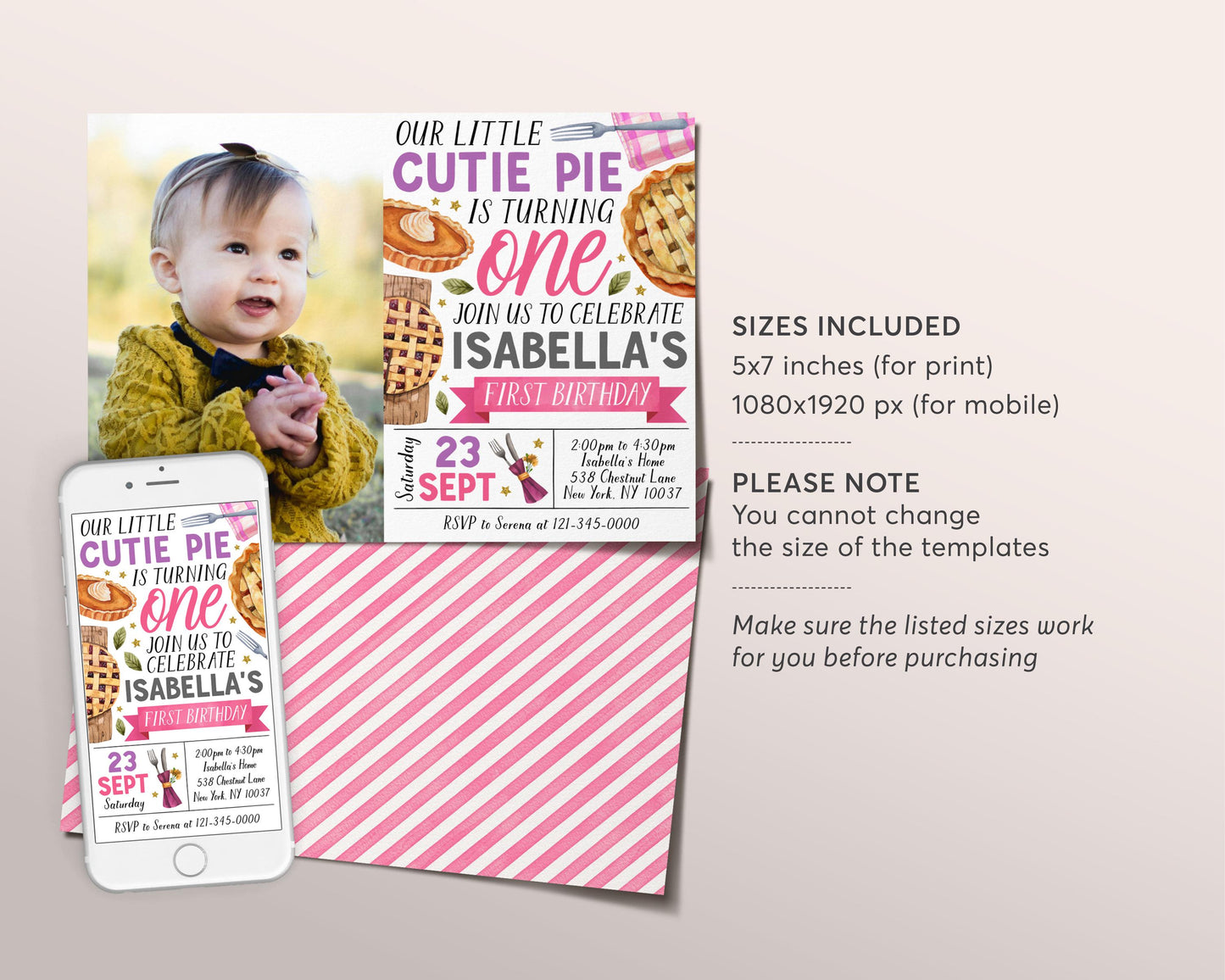 Cutie Pie First Birthday Invitation With Photo Editable Template, Fall Slice of Fun 1st Birthday Party Invite, Sweetie Pie Evite, Autumn Pie