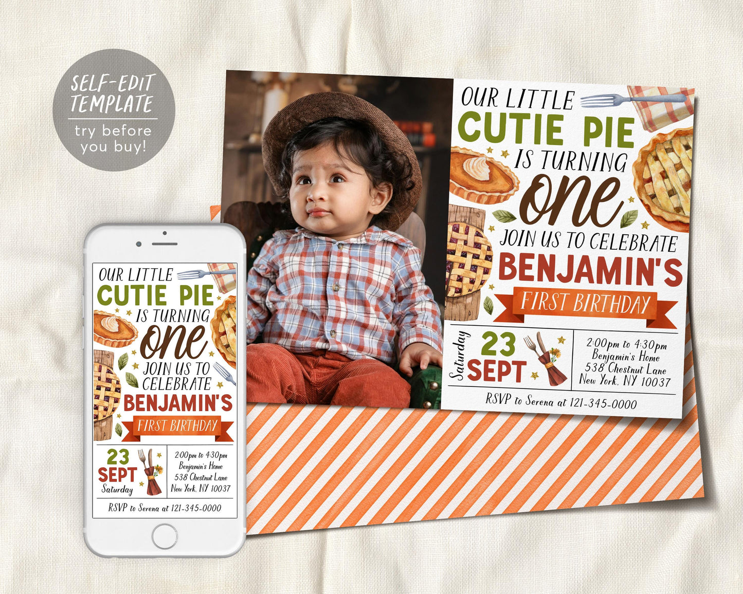 Cutie Pie First Birthday Invitation With Photo Editable Template