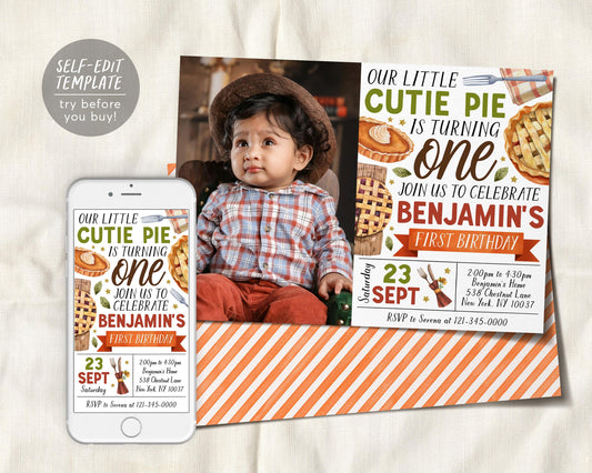 Cutie Pie First Birthday Invitation With Photo Editable Template