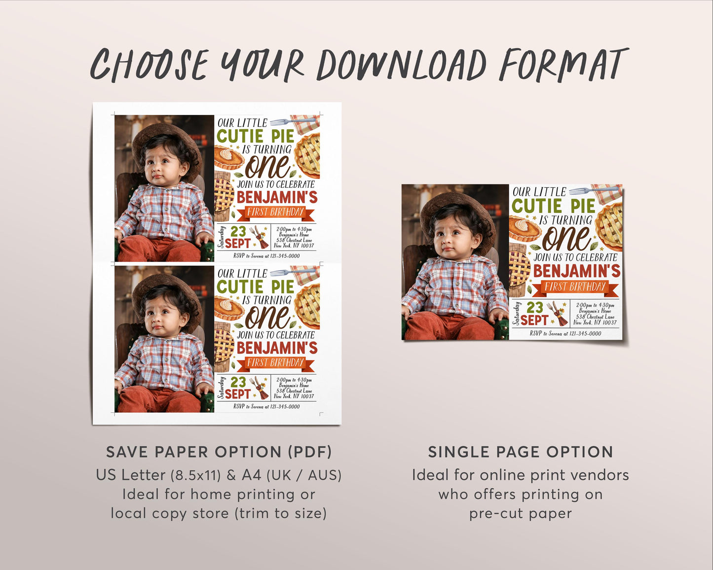 Cutie Pie First Birthday Invitation With Photo Editable Template, Fall Slice of Fun 1st Birthday Party Invite, Sweetie Pie Autumn Evite