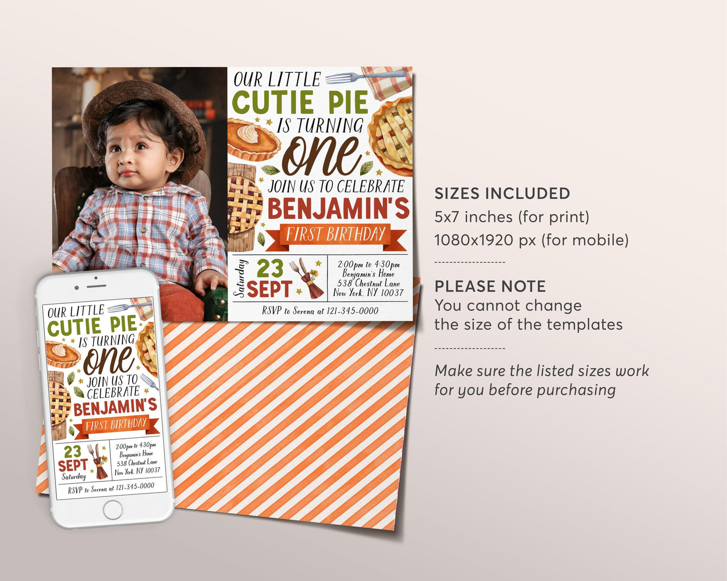 Cutie Pie First Birthday Invitation With Photo Editable Template, Fall Slice of Fun 1st Birthday Party Invite, Sweetie Pie Autumn Evite