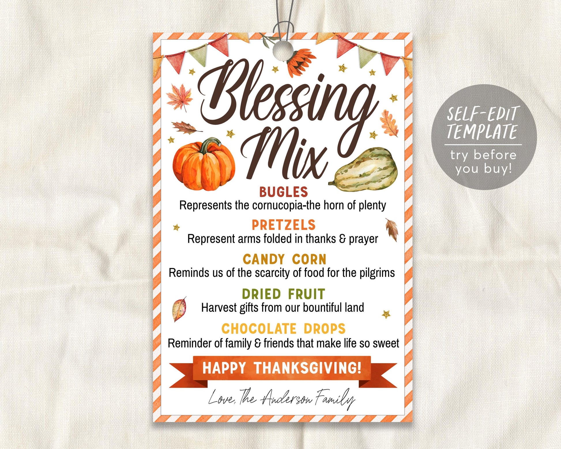 thanksgiving blessings mix gift tags editable template, fall autumn treat favor tag, snack mix card, holiday teachers pto pta appreciation