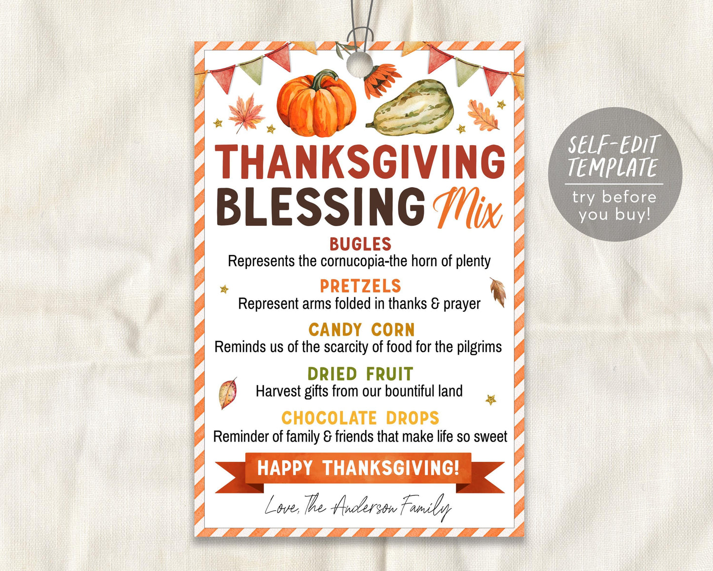 thanksgiving blessings mix gift tags editable template, fall autumn treat favor tag, snack mix card holiday teachers pto pta staff thankful