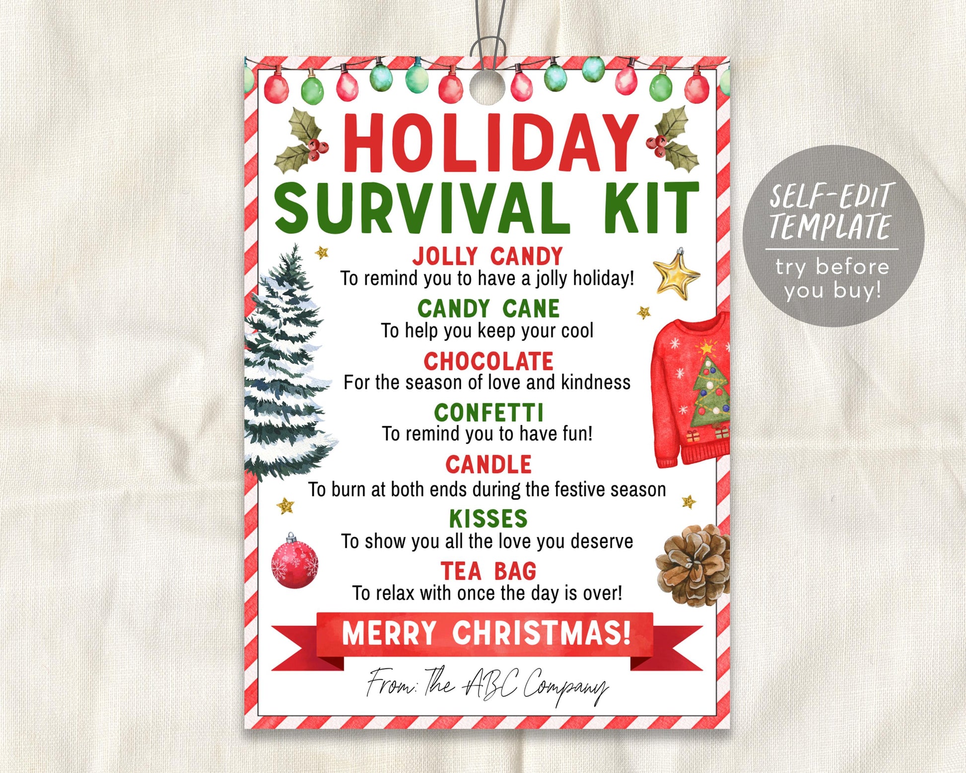 Holiday Survival Kit Tag Editable Template