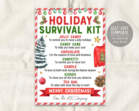 Holiday Survival Kit Tag Editable Template