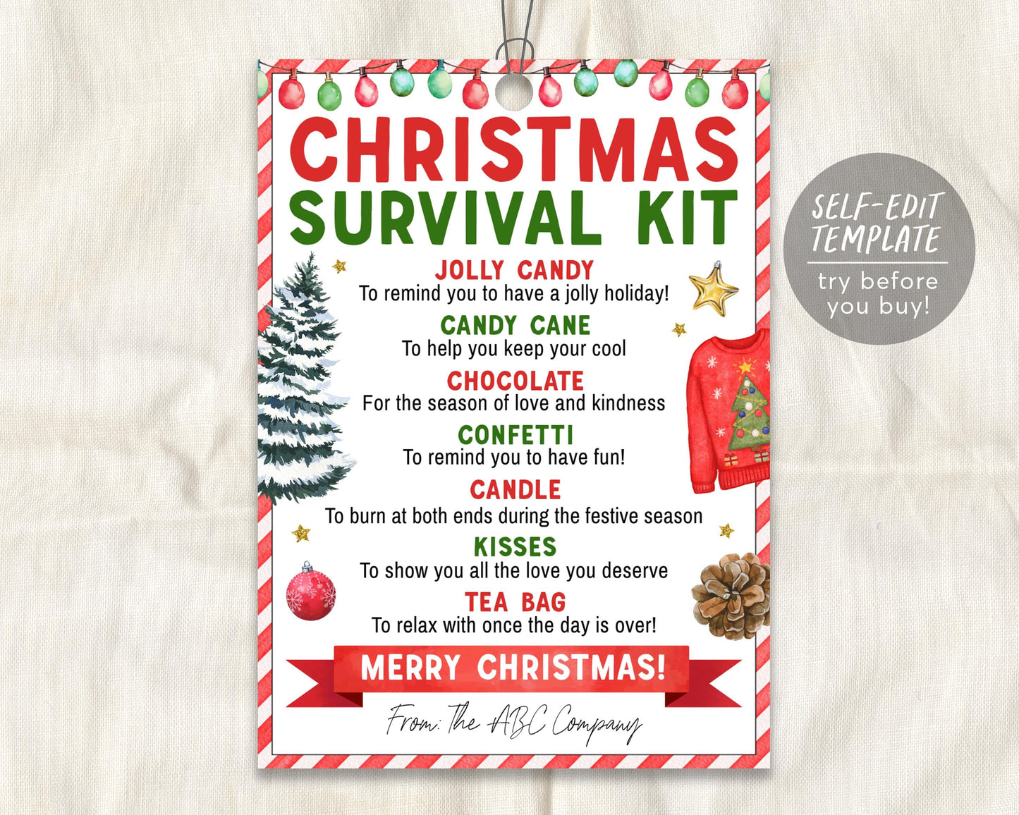 Christmas Survival Kit Tag Editable Template