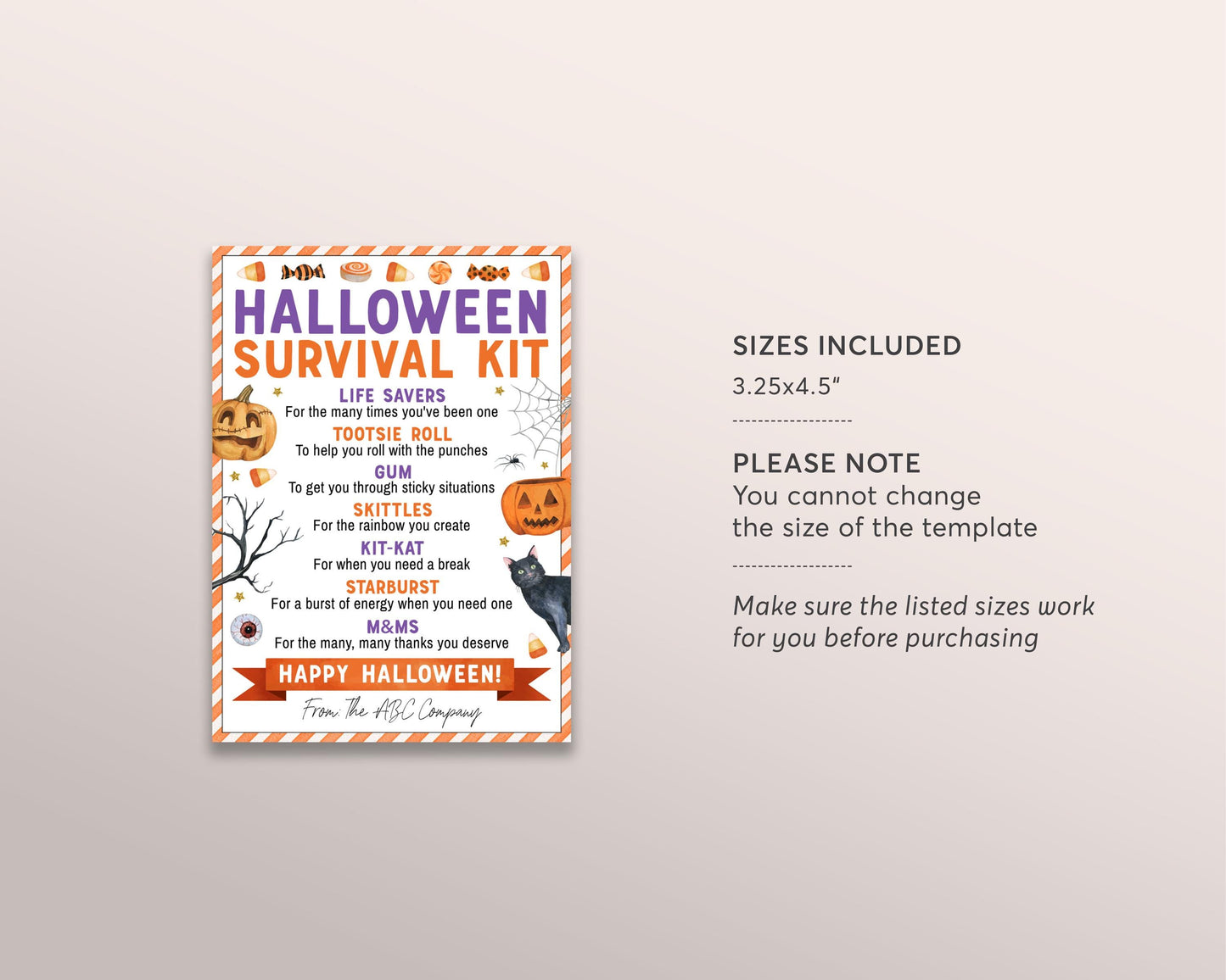 Halloween Survival Kit Tag Editable Template, Fall Autumn Holiday Treat Card, Halloween Party Favor, Thank You Appreciation Candy Gift