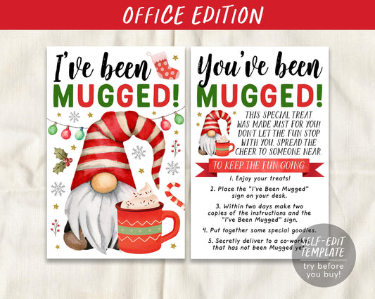 I've Been Mugged Coworker Game Editable Template, Gnome You've Been Mugged Office Christmas Party Game, Holiday Winter Sign Instructions Kit