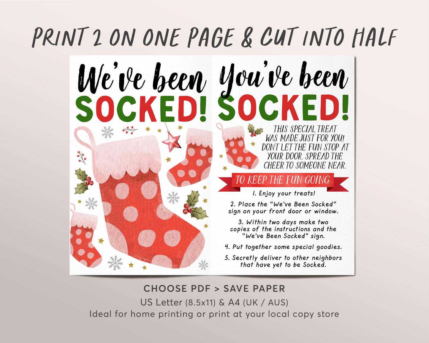 We've Been Socked Game Editable Template, Christmas Stocking You've Been Socked, Holiday Gift Exchange Sign And Instructions Kit Printable