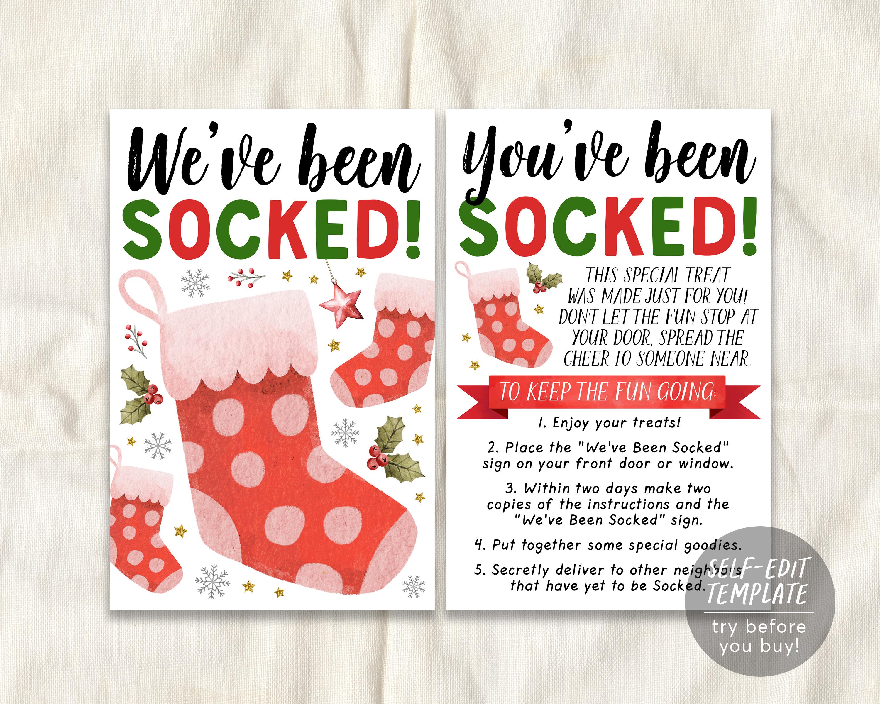 we've been socked game editable template, christmas stocking you've been  socked, holiday gift exchange sign and instructions kit printable