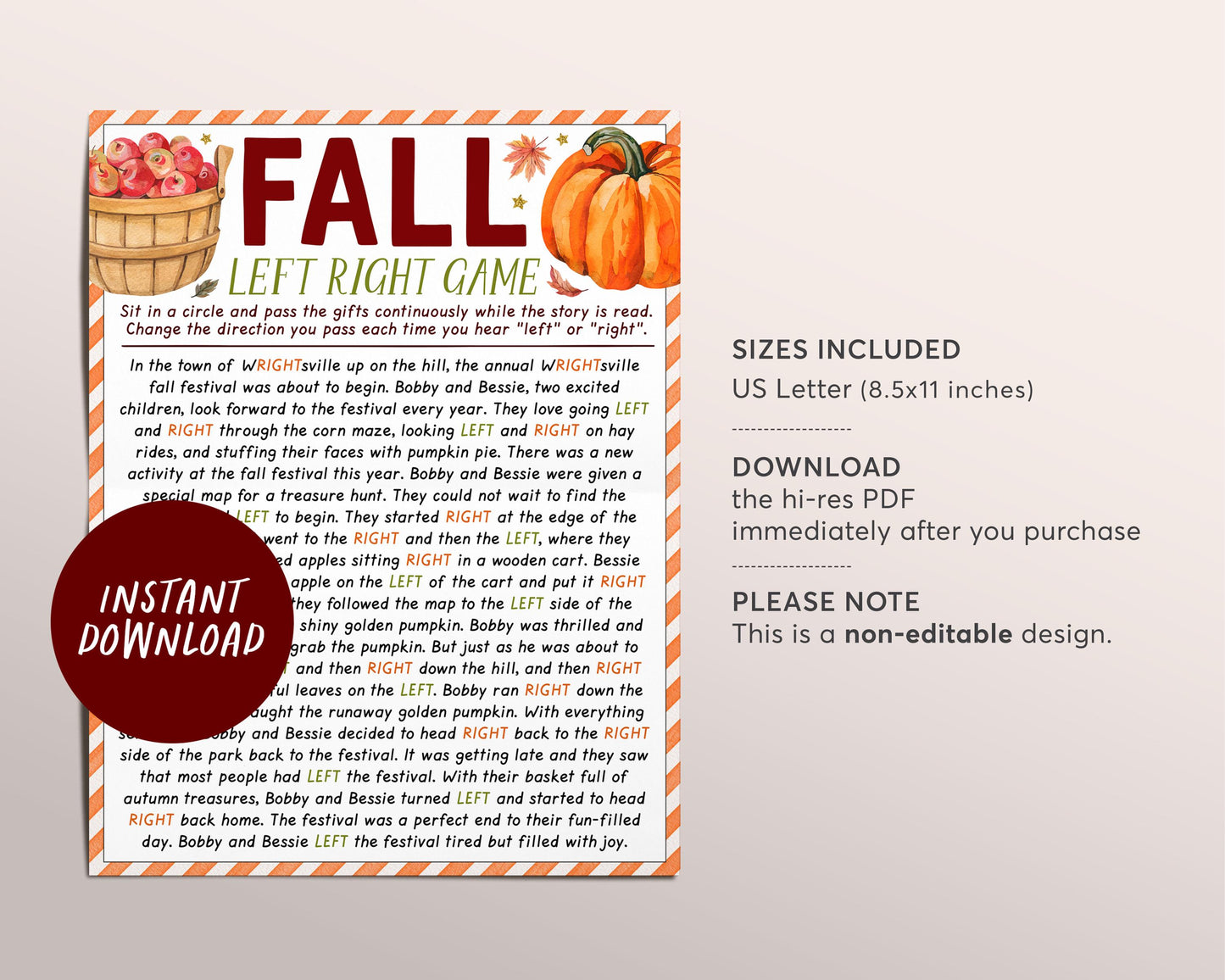 Fall Left Right Game, Left Right Story Pass the Gift Prize Exchange Game, Pass the Present Game, Thanksgiving Family Reunion, Office Party