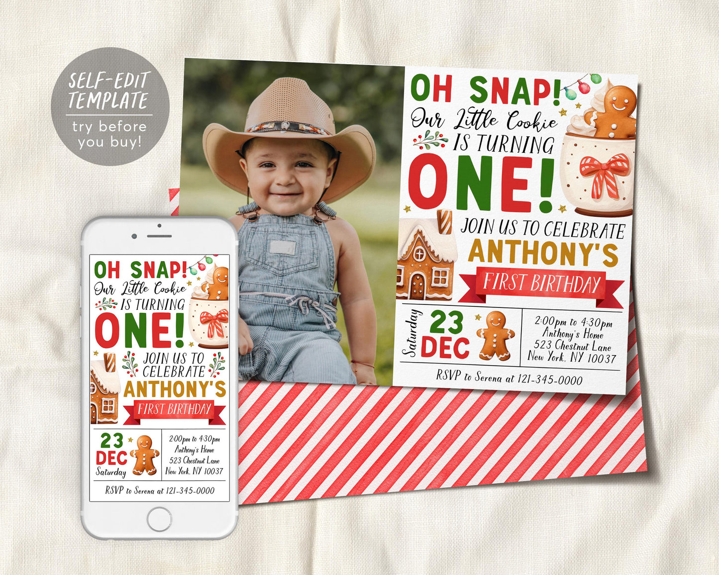 Oh Snap First Birthday Invitation With Photo Editable Template