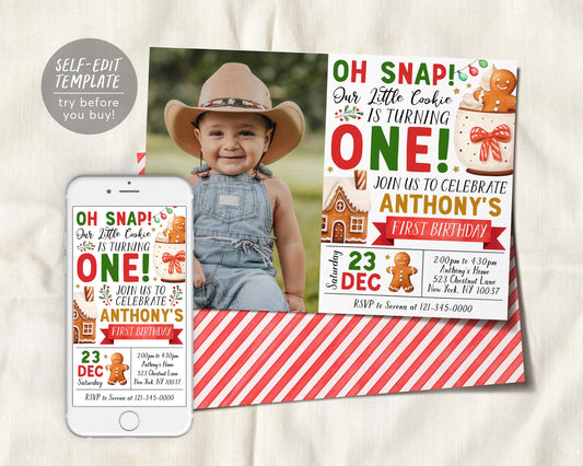 Oh Snap First Birthday Invitation With Photo Editable Template