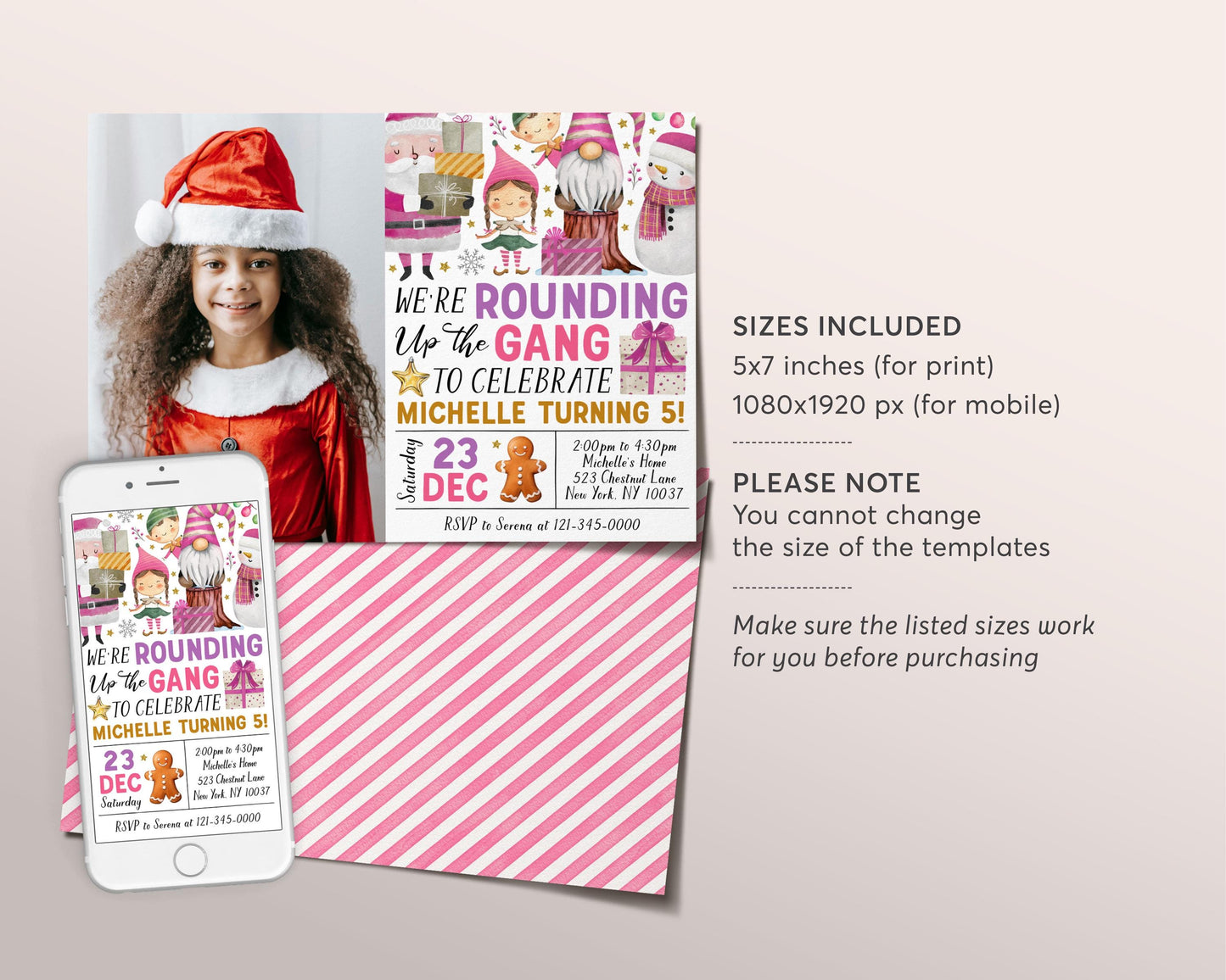 We're Rounding Up The Gang Birthday Invitation With Photo Editable Template, Santa's Crew Holiday Party Invite, Kids Girl Christmas Evite