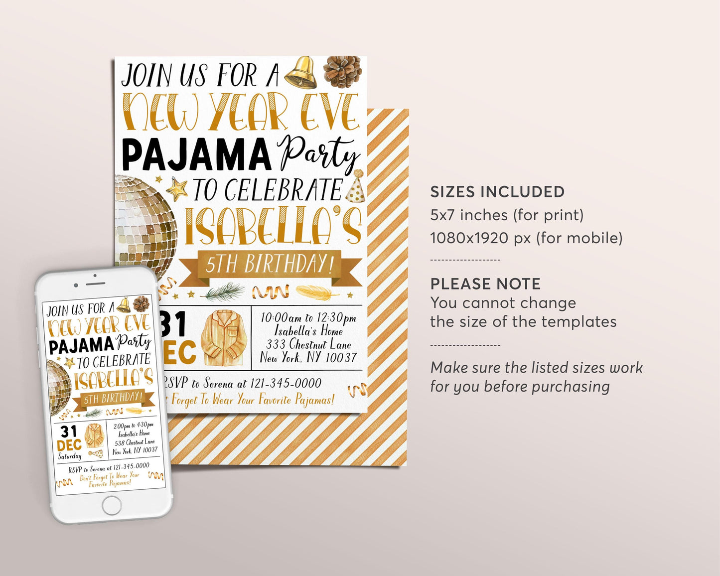 New Year Eve Pajama Party Invitation Editable Template, NYE Slumber Birthday Party Invite, New Years Sleepover Pajamas Party Evite PJs