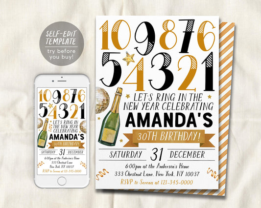 New Years Eve 30th Birthday Invitation Editable Template