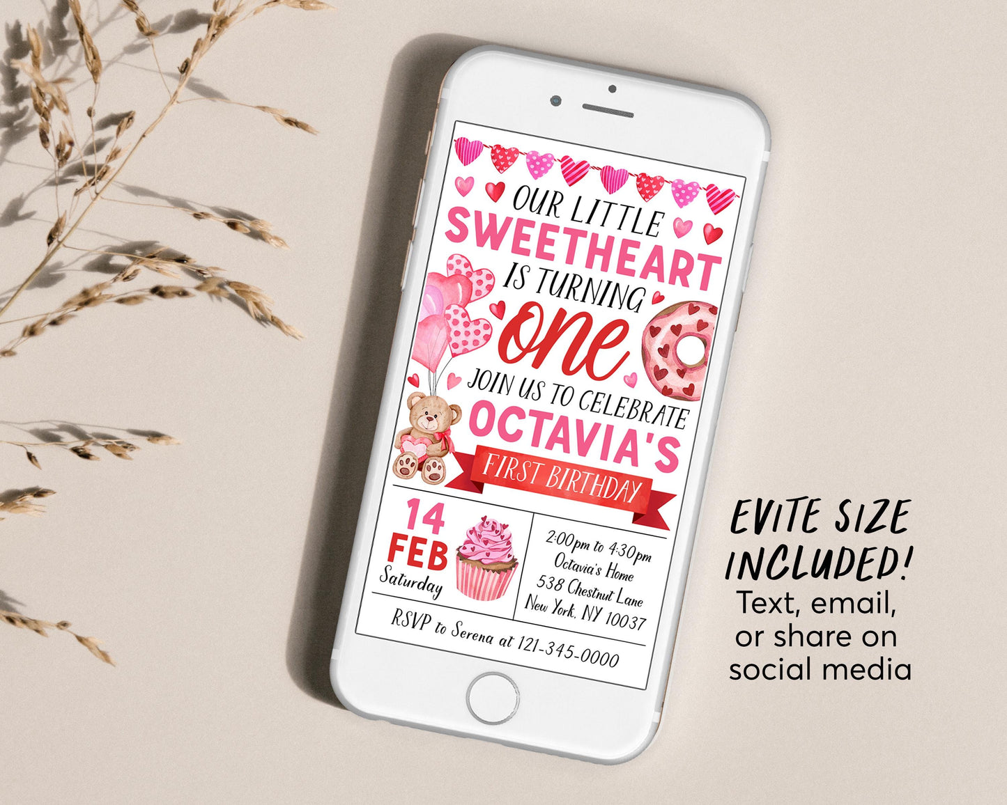 Sweetheart First Birthday Invitation Editable Template, Valentines Day Pink Hearts Party Invite, Valentine Our Little Sweetheart Evite