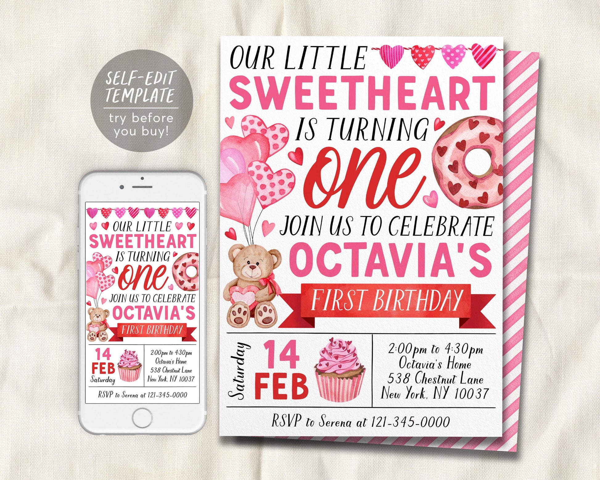 Sweetheart First Birthday Invitation Editable Template