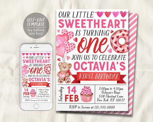 Sweetheart First Birthday Invitation Editable Template