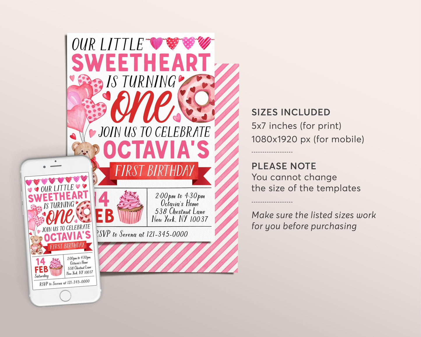 Sweetheart First Birthday Invitation Editable Template, Valentines Day Pink Hearts Party Invite, Valentine Our Little Sweetheart Evite