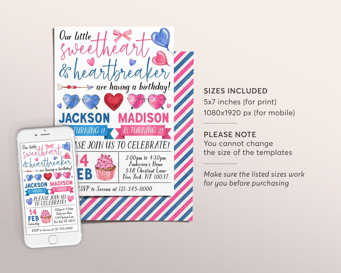 Valentines Day Joint Siblings Birthday Invitation Editable Template, Boy Girl Our Little Sweetheart Heartbreaker Party Invite Evite Hearts