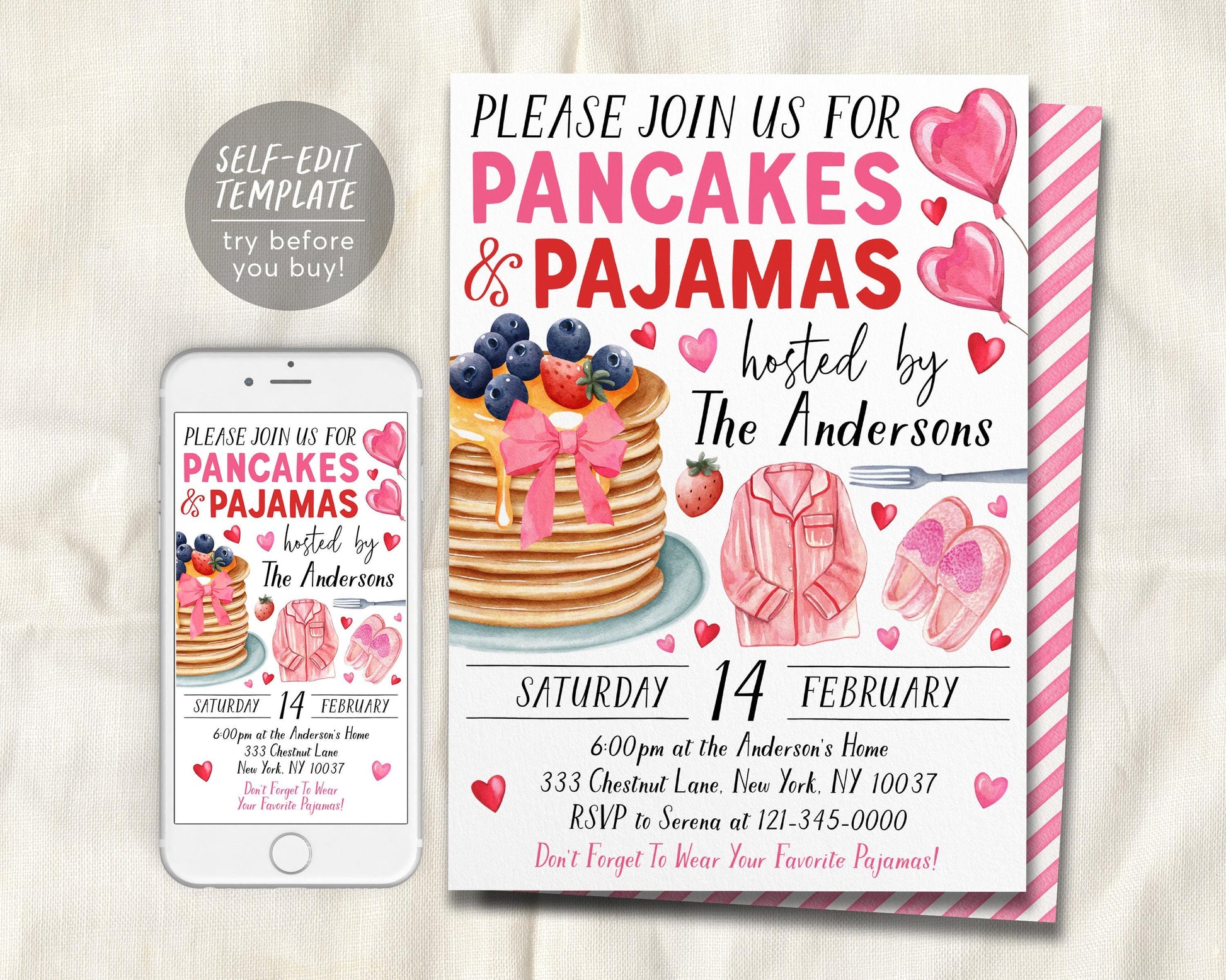 Valentine&#39;s Day Pancakes & Pajamas Invitation Editable Template