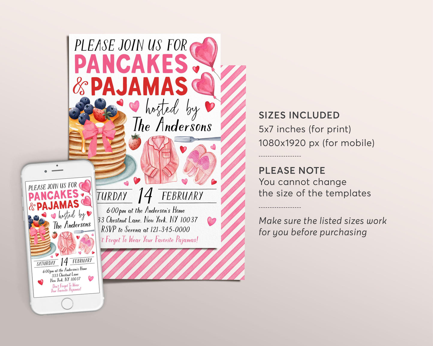 Valentine's Day Pancakes And Pajamas Invitation Editable Template, Galentine's Day Brunch PJs Party Invite, Breakfast For Girl Friends Evite