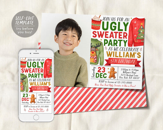 Ugly Sweater Birthday Party Invitation With Photo Editable Template