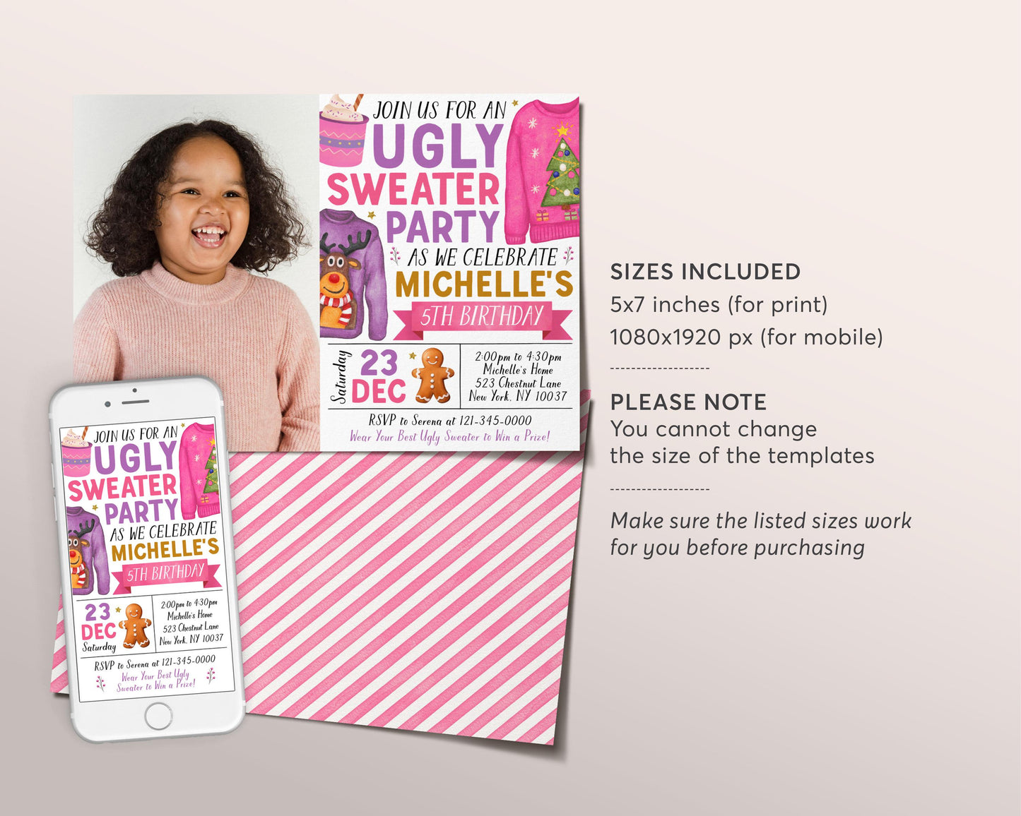 Ugly Sweater Birthday Party Invitation With Photo Editable Template, Kids Girl Holiday Ugly Sweater Contest Invite, Winter Ugly And Bright