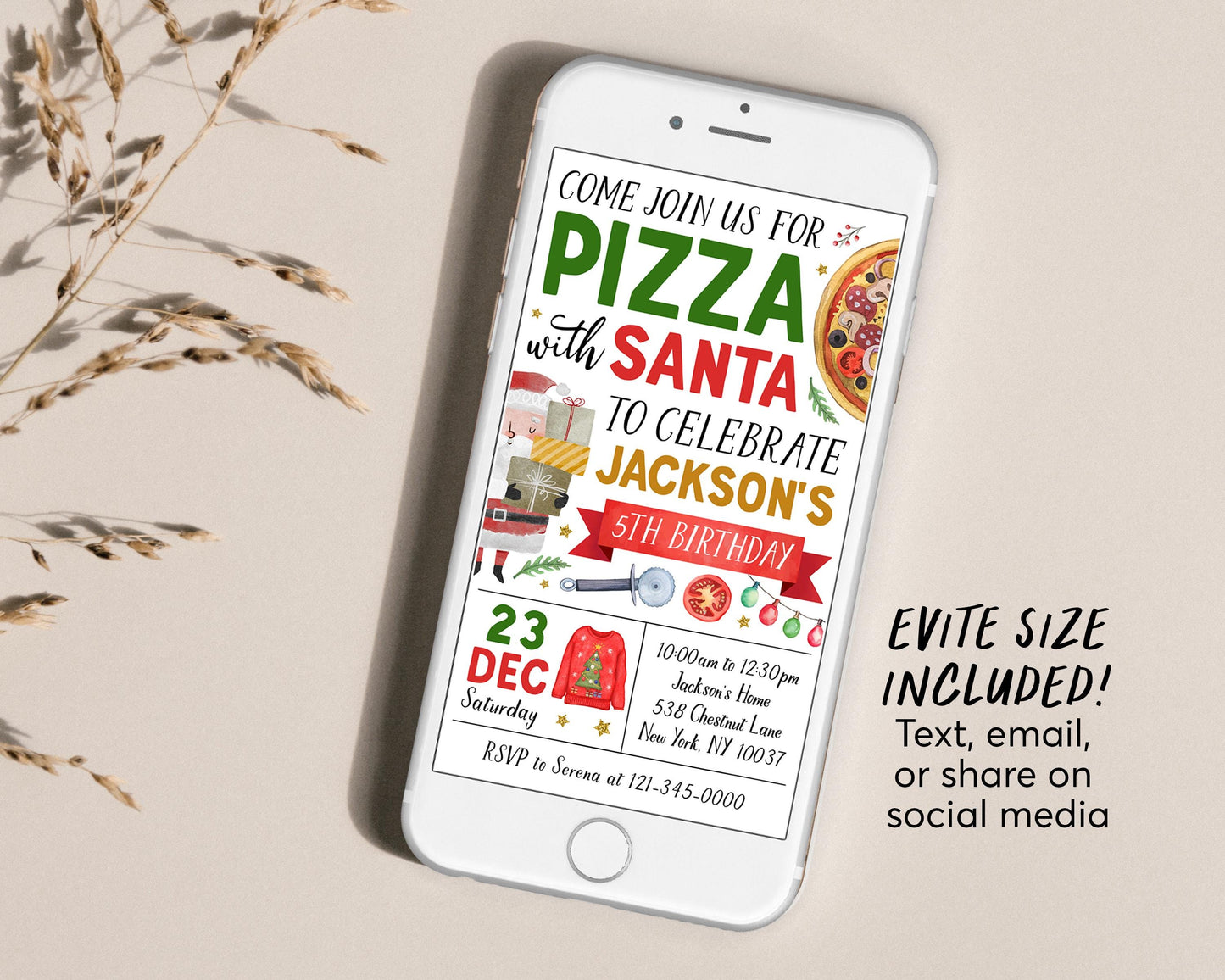 Pizza With Santa Invitation With Photo Editable Template, Christmas Pizza and Pajamas Invite Holiday Kids Dinner Movie Sleepover Party Evite