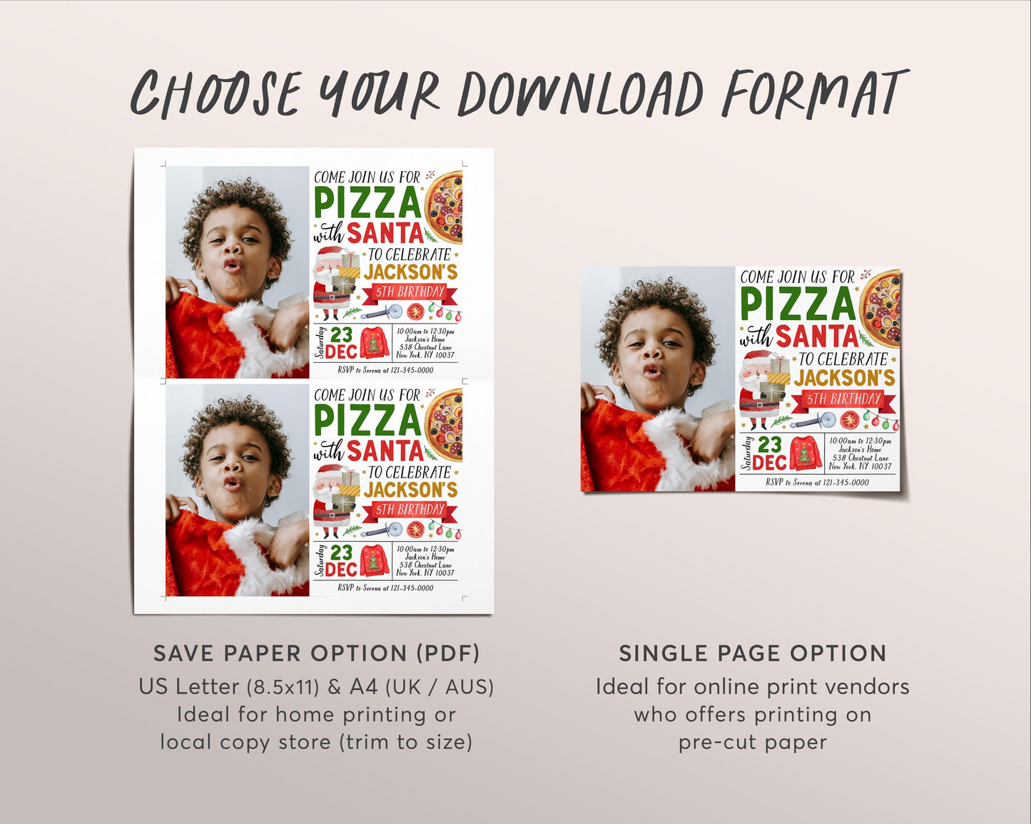 Pizza With Santa Invitation With Photo Editable Template, Christmas Pizza and Pajamas Invite Holiday Kids Dinner Movie Sleepover Party Evite