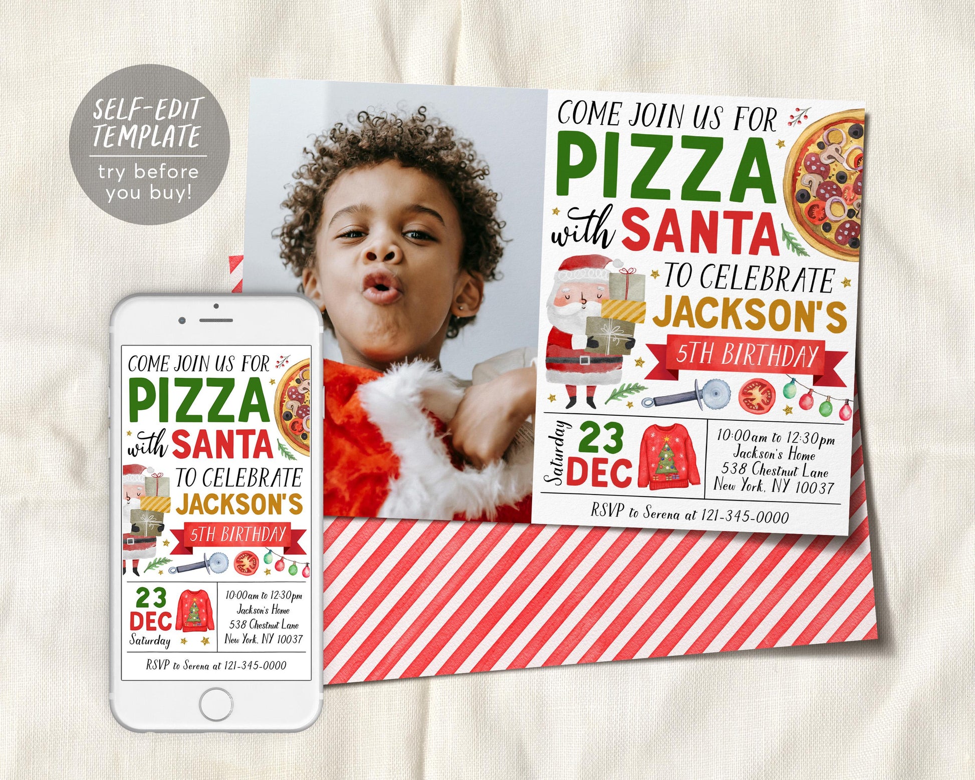 Pizza With Santa Invitation With Photo Editable Template