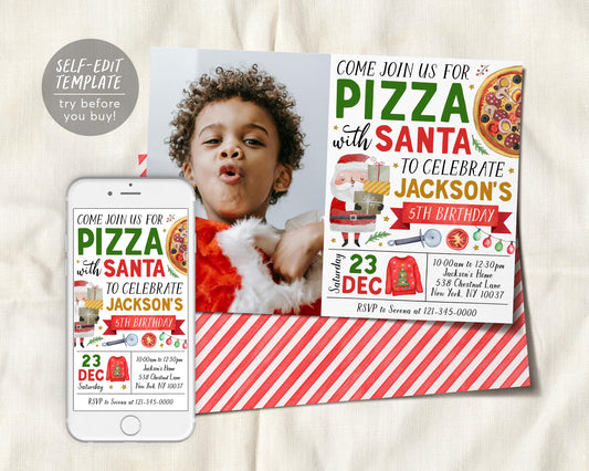 Pizza With Santa Invitation With Photo Editable Template