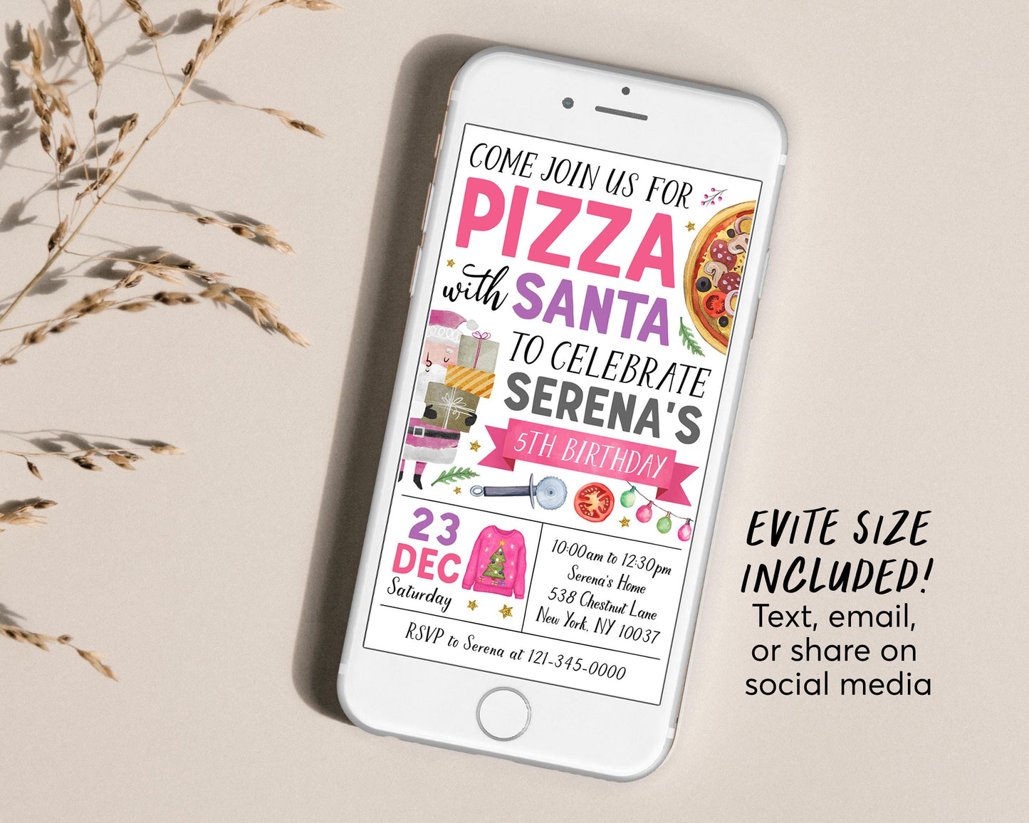 Pizza With Santa Invitation With Photo Editable Template, Girl Christmas Pizza and Pajamas Invite, Holiday Kids Dinner Sleepover Party Evite