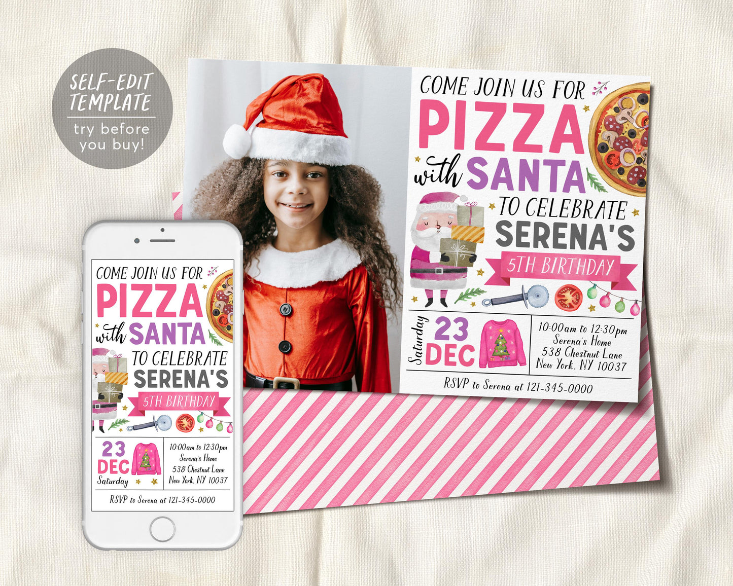 Pizza With Santa Invitation With Photo Editable Template