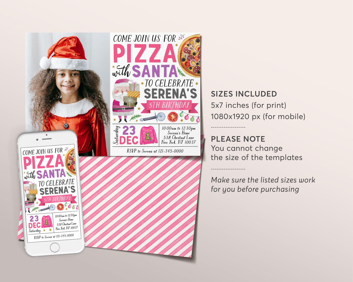 Pizza With Santa Invitation With Photo Editable Template, Girl Christmas Pizza and Pajamas Invite, Holiday Kids Dinner Sleepover Party Evite