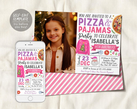 Christmas Pizza And Pajama Birthday Invitation With Photo Editable Template